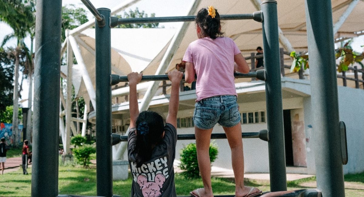 A couple of kids that are on a playground